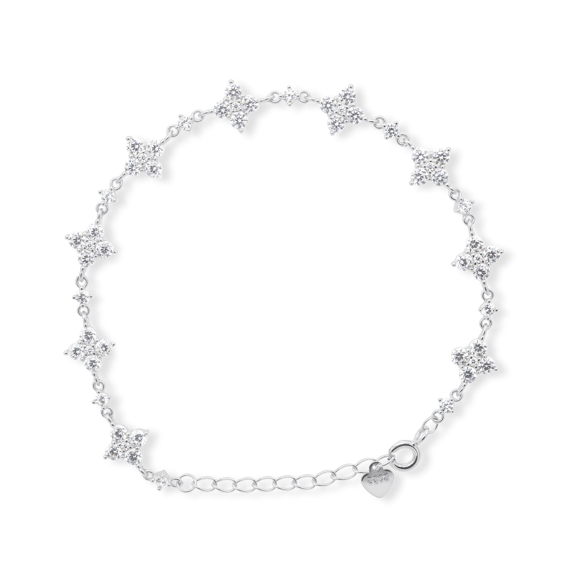 Silver Crystal Star Cluster Chain Bracelet with Heart Charm Clasp on White Background - Flower Cluster Station Bracelet- Flower Cluster Station Bracelet- J. Collins Jewelry 
