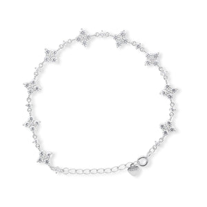 Silver Crystal Star Cluster Chain Bracelet with Heart Charm Clasp on White Background - Flower Cluster Station Bracelet- Flower Cluster Station Bracelet- J. Collins Jewelry 