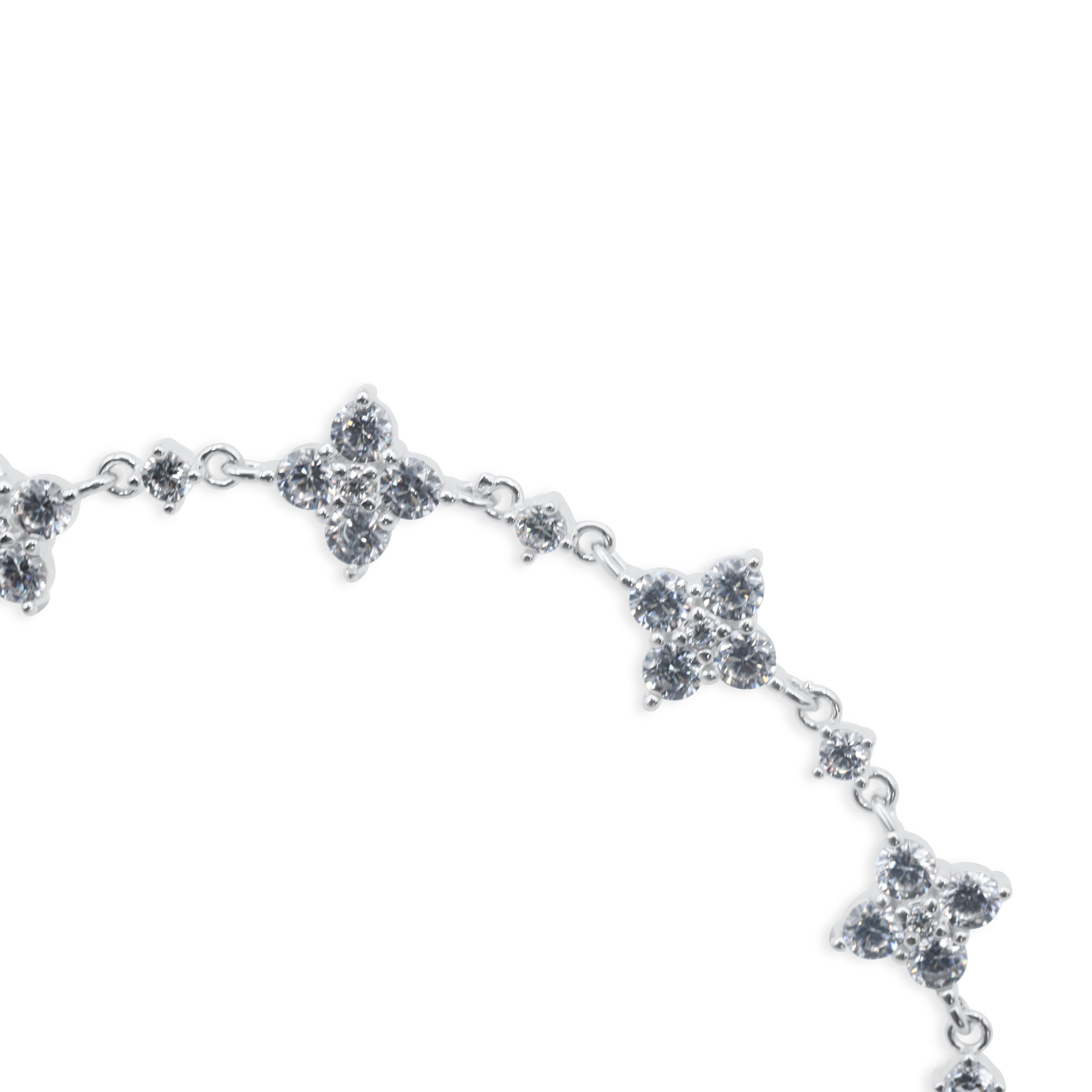 Silver Crystal Star Cluster Chain Bracelet Close-Up Detail Showing Round Stone Setting on White Background - Flower Cluster Station Bracelet- J. Collins Jewelry 