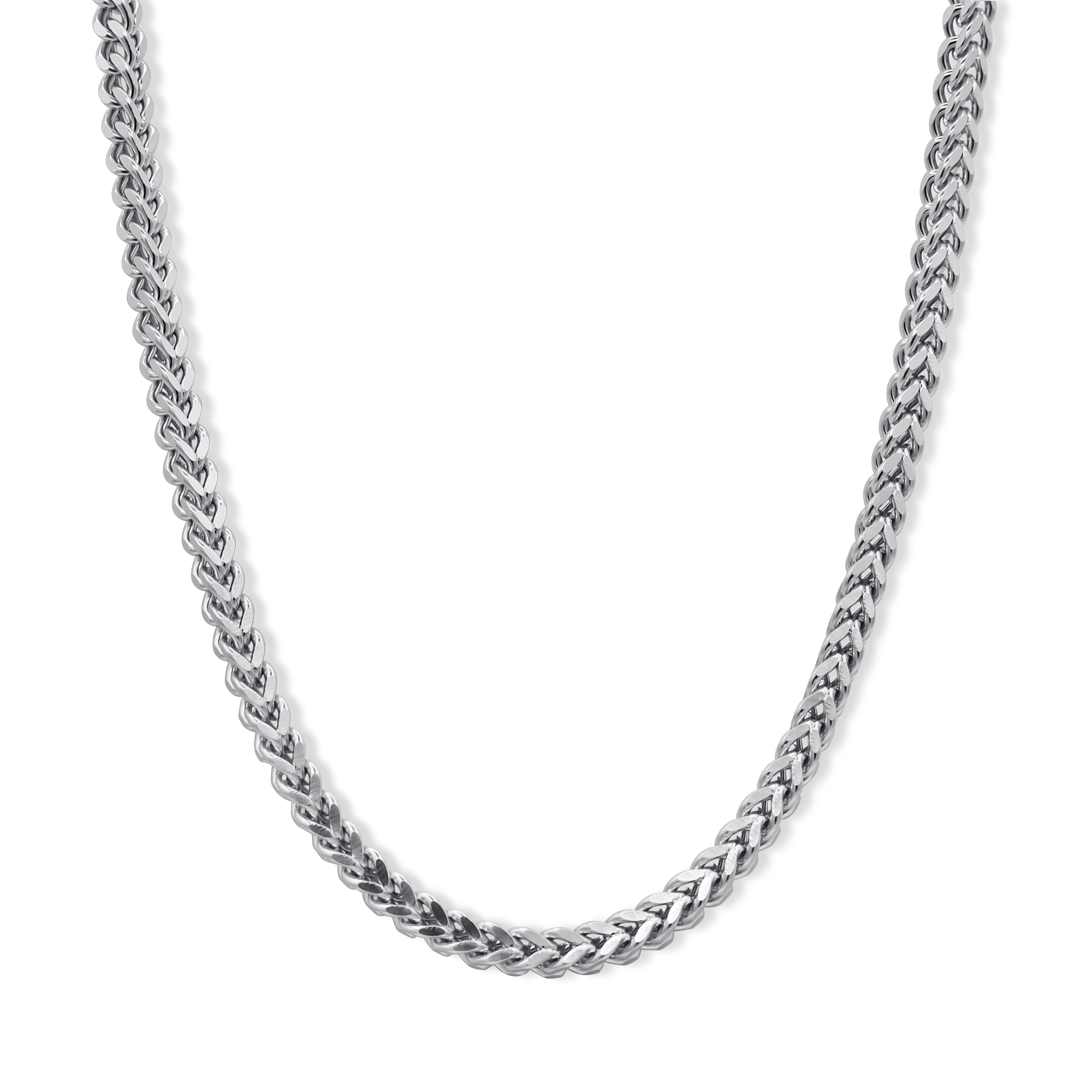 Silver chain necklace on a white background-Signature-Franco-Chain-JCollins-Jewelry