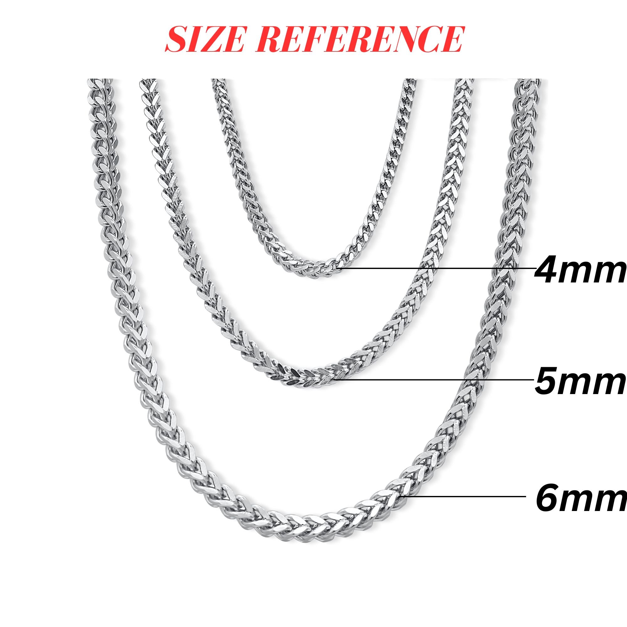 Three silver chain necklaces of different widths with size reference text on a white background-J.Collins Jewelry