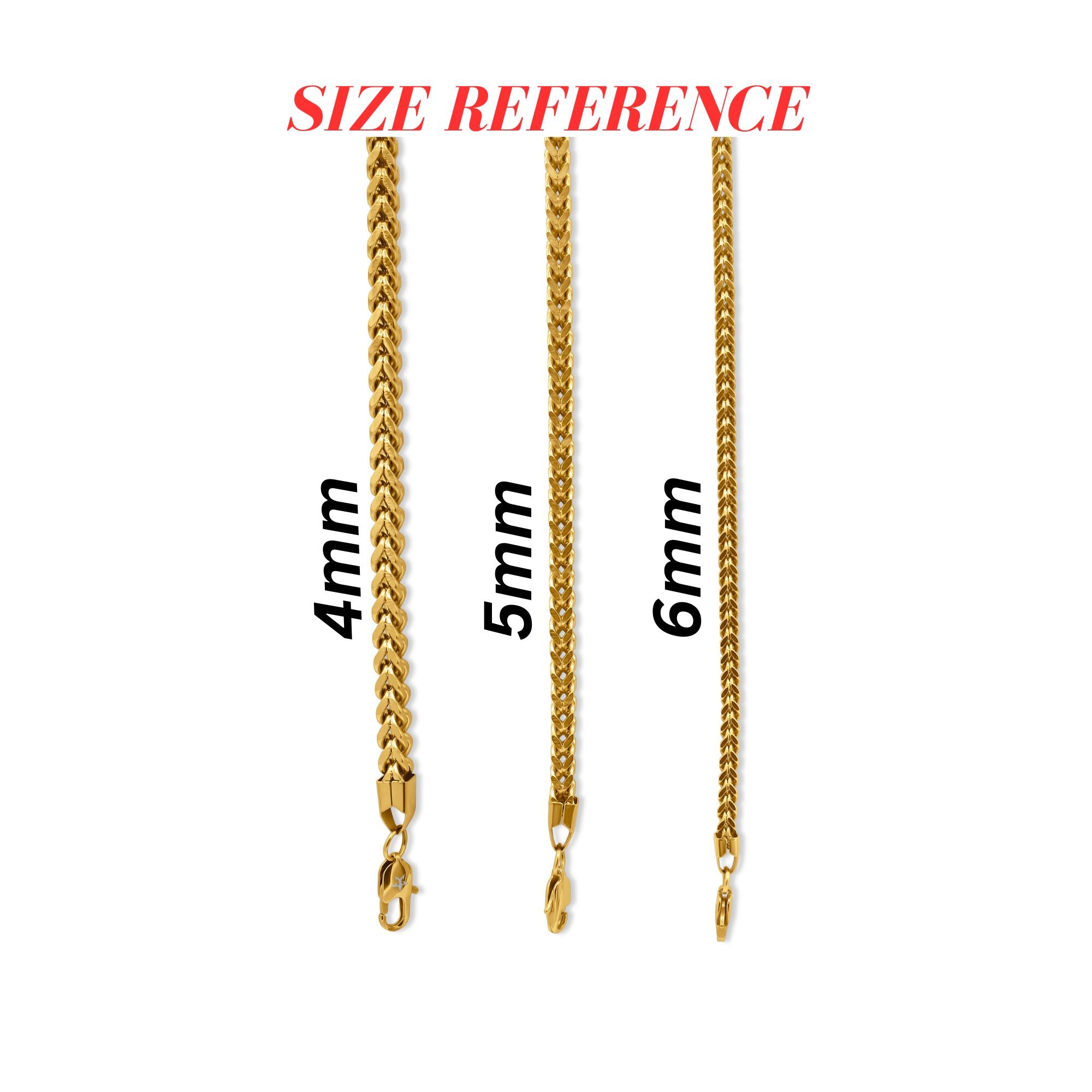 Gold chain necklace with size reference labels on a white background-Signature-Franco-Chain-JCollins-Jewelry