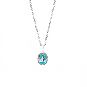 Silver oval blue topaz pendant necklace with diamond halo setting on silver cable chain, white background - Gemstone Pendant Necklace- J. Collins Jewelry 