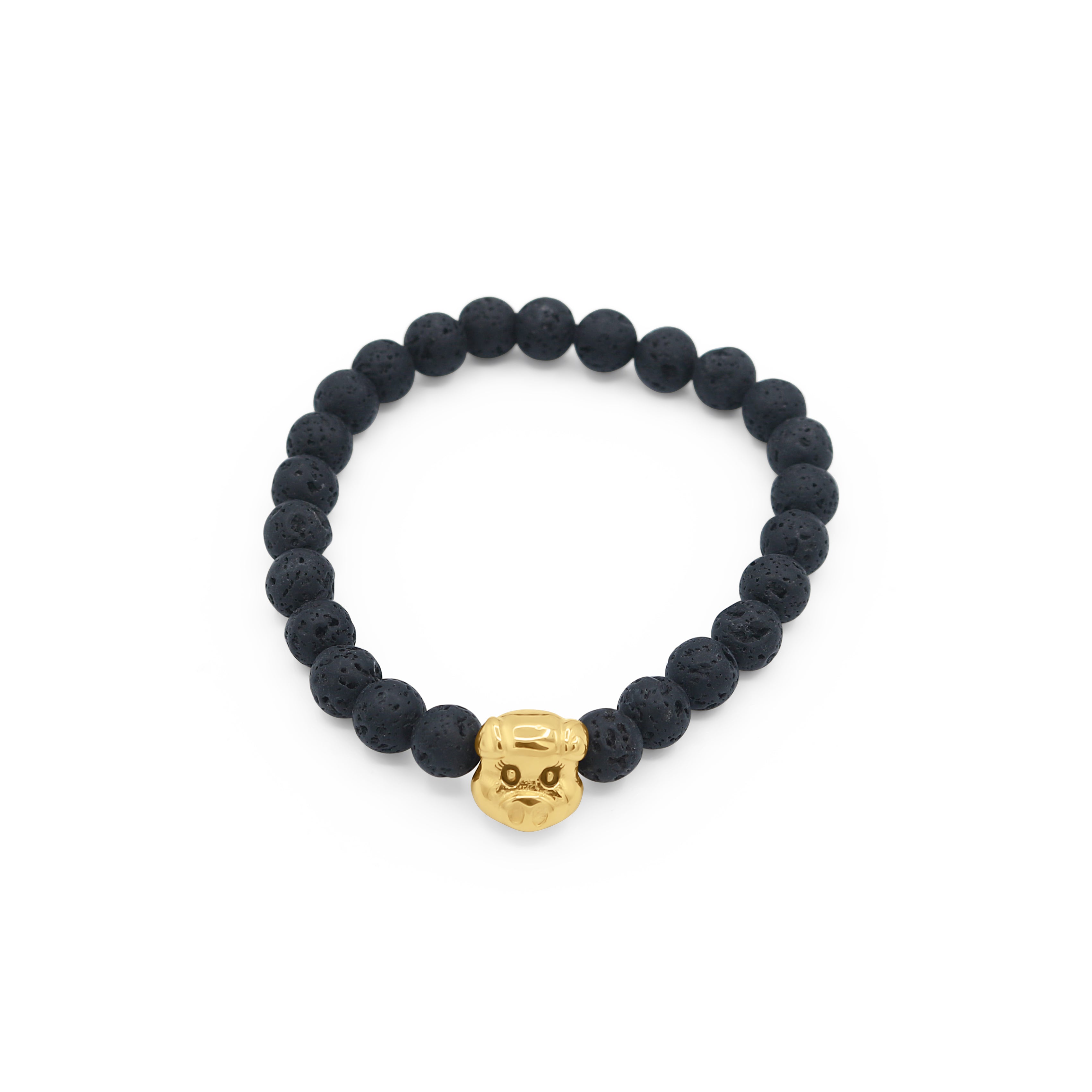 Black beaded bracelet with a gold skull charm on a white background-J.Collins Jewelry