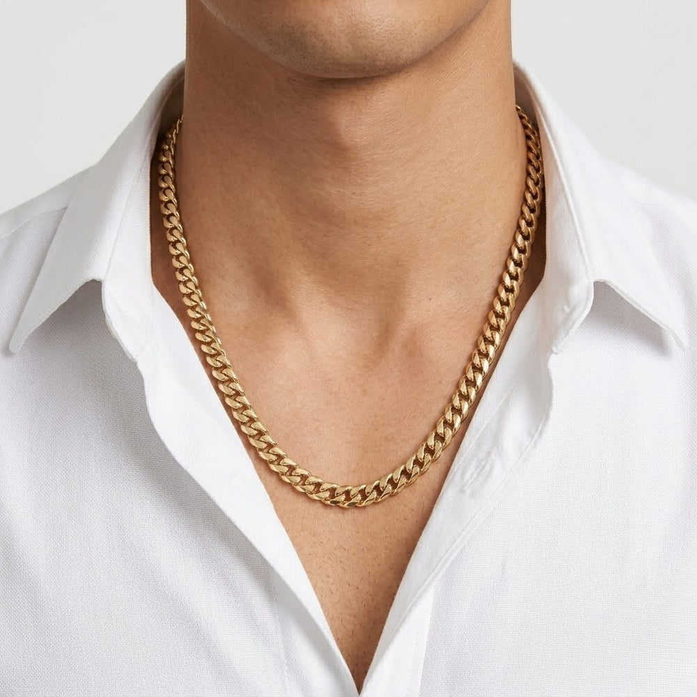 Gold Miami Cuban Link Necklace 5mm on person wearing white shirt