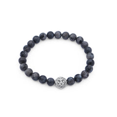 Navy blue beaded bracelet with a silver lion head charm on a white background-J.Collins Jewelry