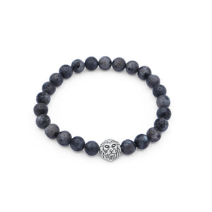 Navy blue beaded bracelet with a silver lion head charm on a white background-J.Collins Jewelry