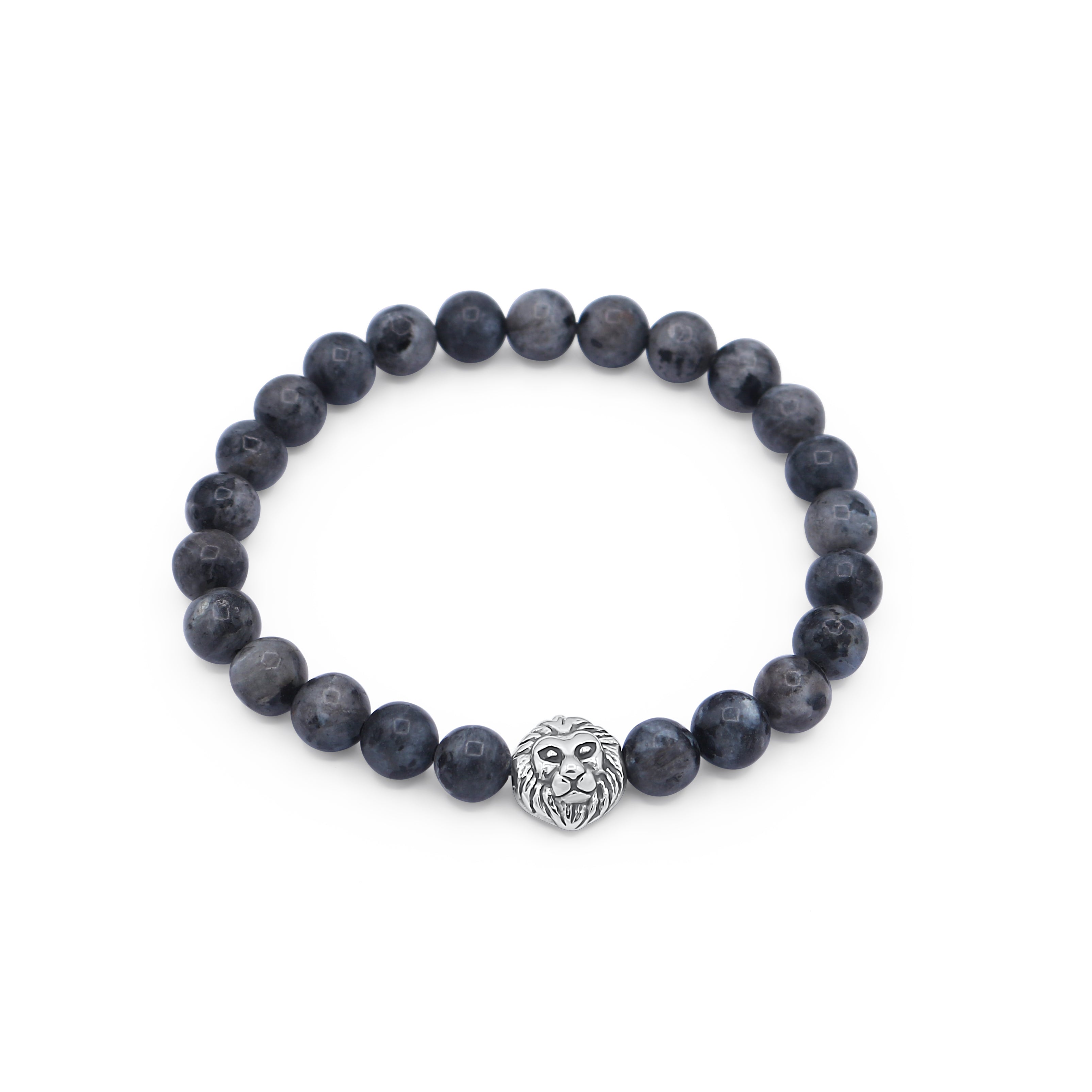 Navy blue beaded bracelet with a silver lion head charm on a white background-J.Collins Jewelry