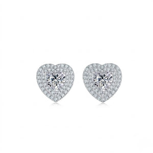 Pair of heart-shaped stud earrings with double halo pavé cubic zirconia detail - J.Collins Jewelry