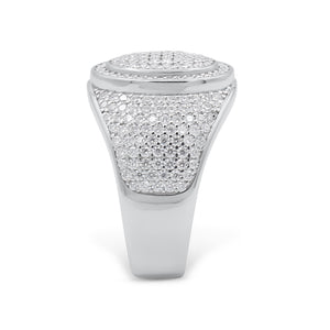 Men's white gold fully iced out pavé diamond oval signet ring with raised dome top, white background - Iced Out White Gold Ring - J Collins Jewelry 