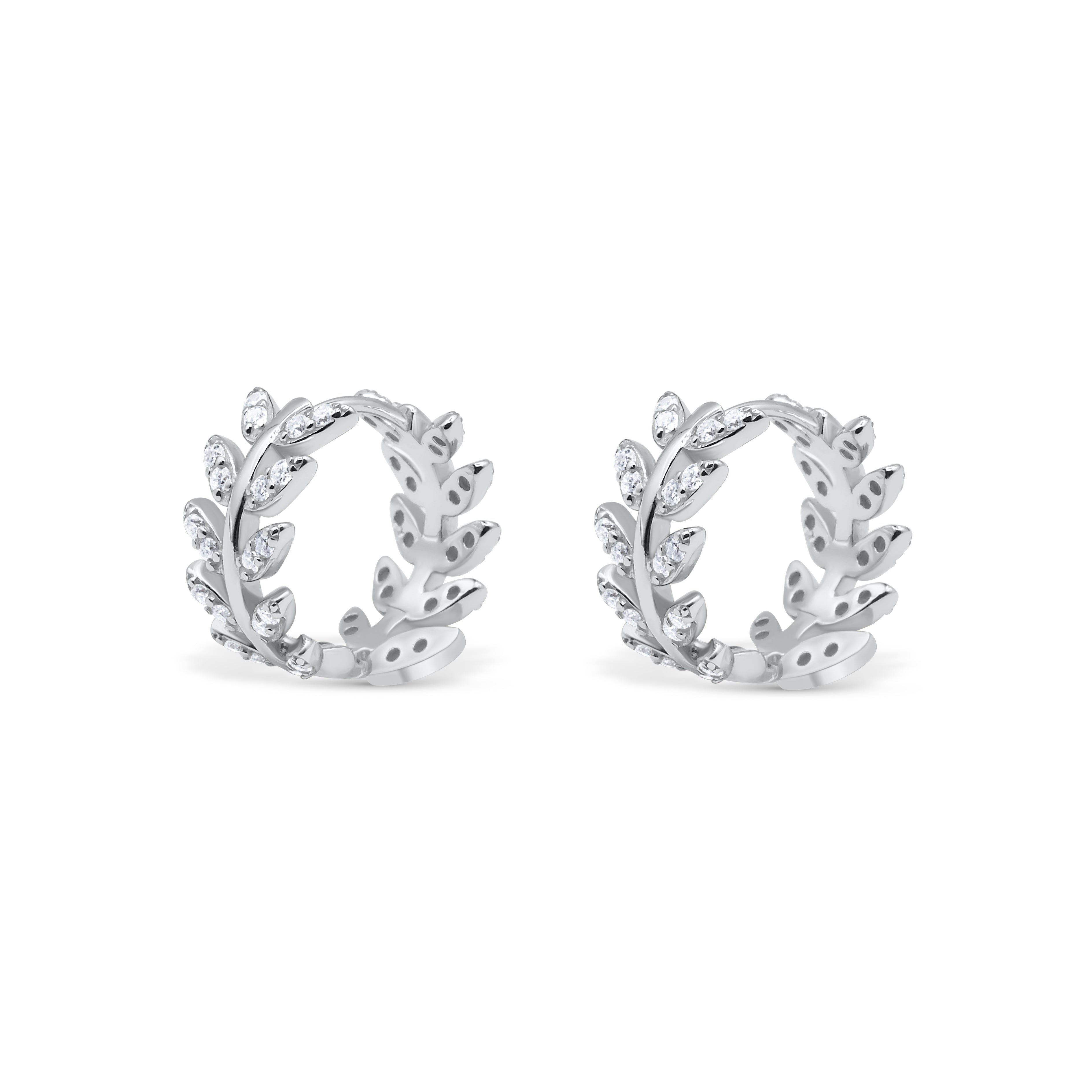 Pair of silver hoop earrings with leaf design on a white background-Imperial-leaf-hoops-JCollins