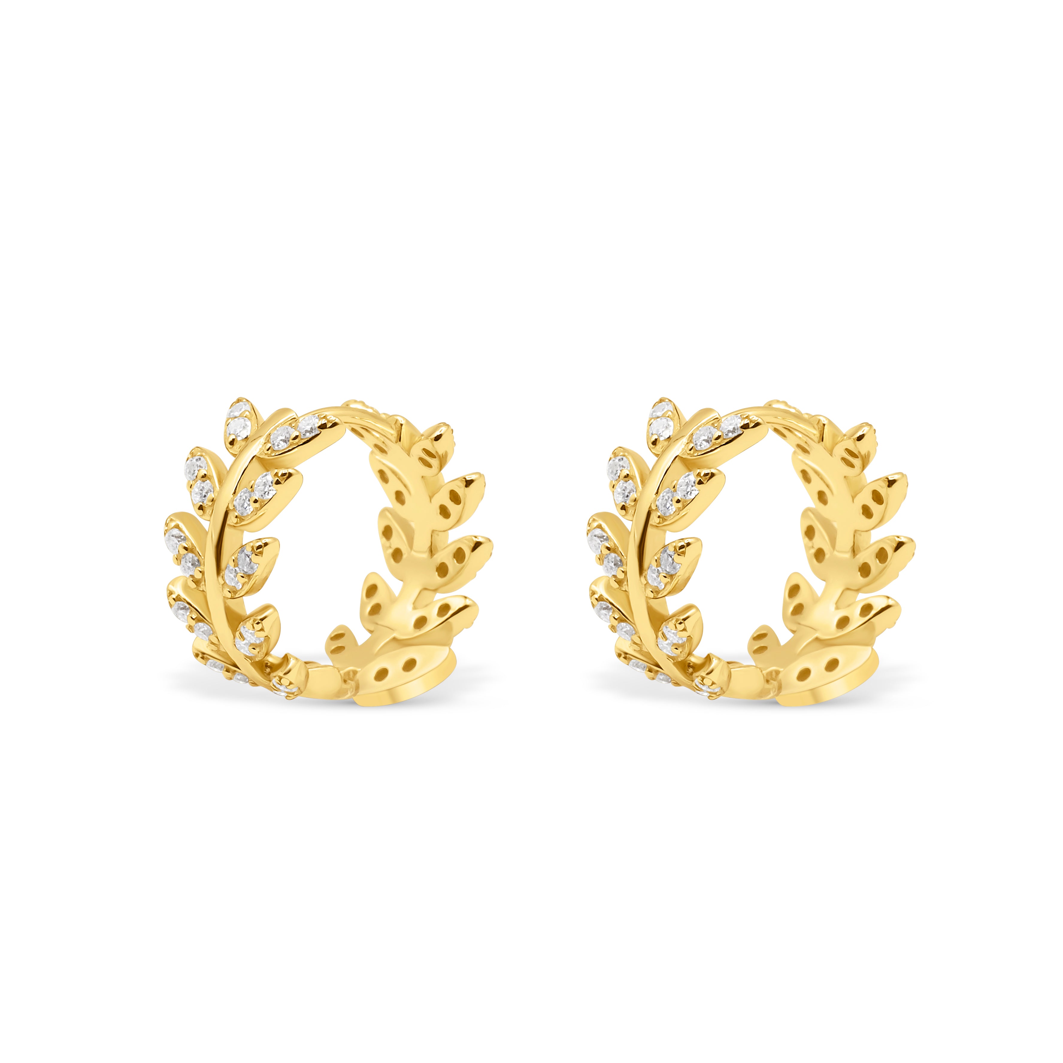 Gold hoop earrings with leaf design on a white background-Imperial-leaf-hoops-JCollins Jewelry