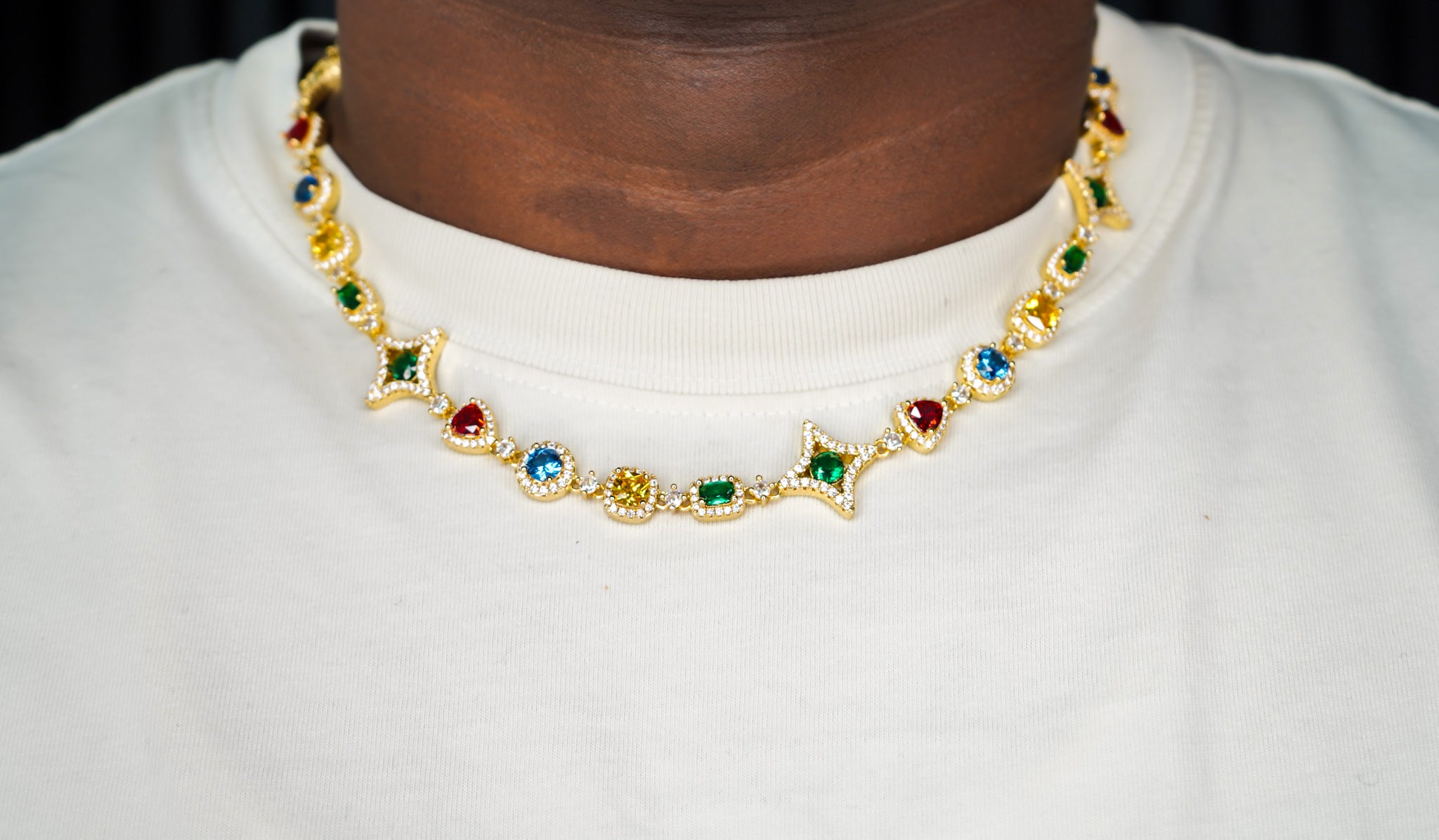 Gold necklace with colorful gemstones on a white background-Multi-Gem-Chain-JCollins-Jewelry