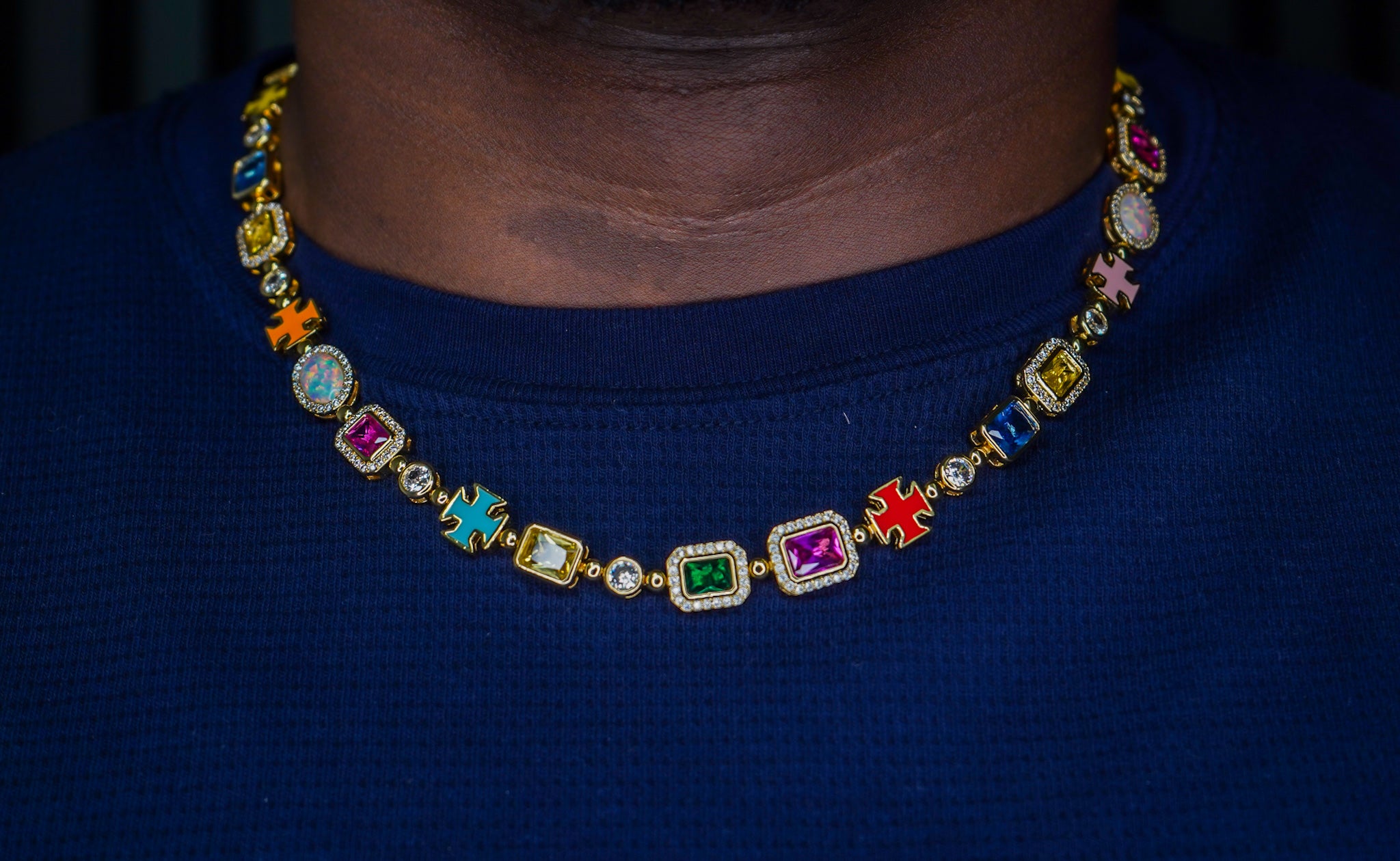 Colorful necklace with gemstones on a blue shirt- MultiColored-Regal-Gem-Chain-JCollins-Jewelry
