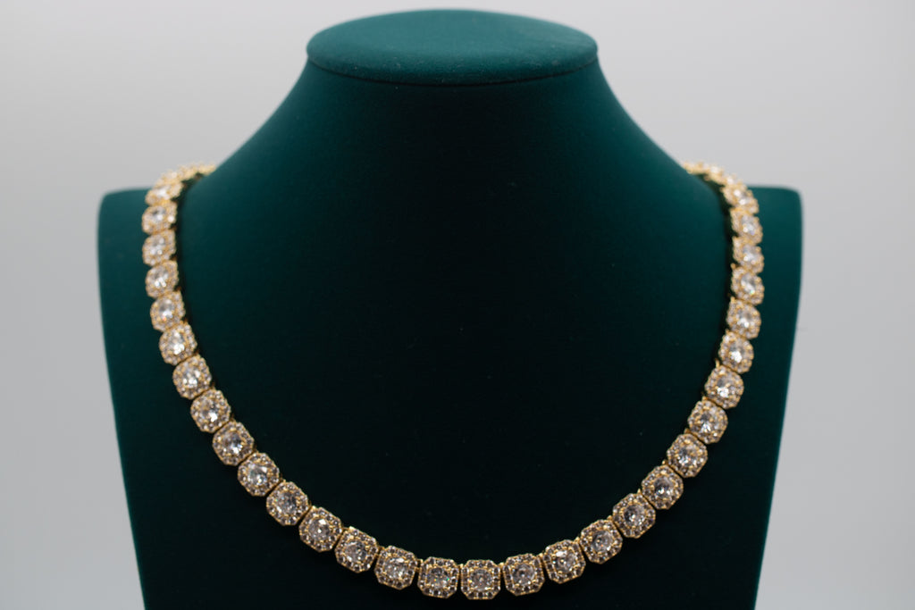 Pearl and crystal necklace on a green mannequin bust against a gray background-10mm-Tennis-Chain-JCollins-Jewelry