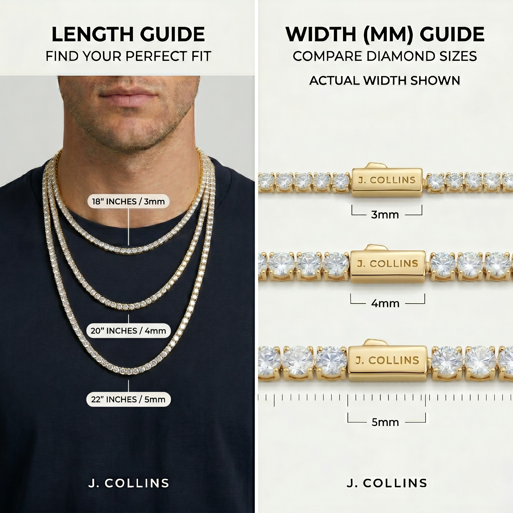 J. Collins jewelry length and width guides on a mannequin and bracelet. - J. Collins Jewelry 