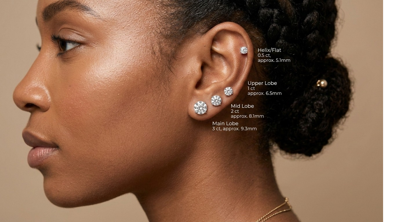Woman wearing earrings with labeled earlobe positions on a beige background