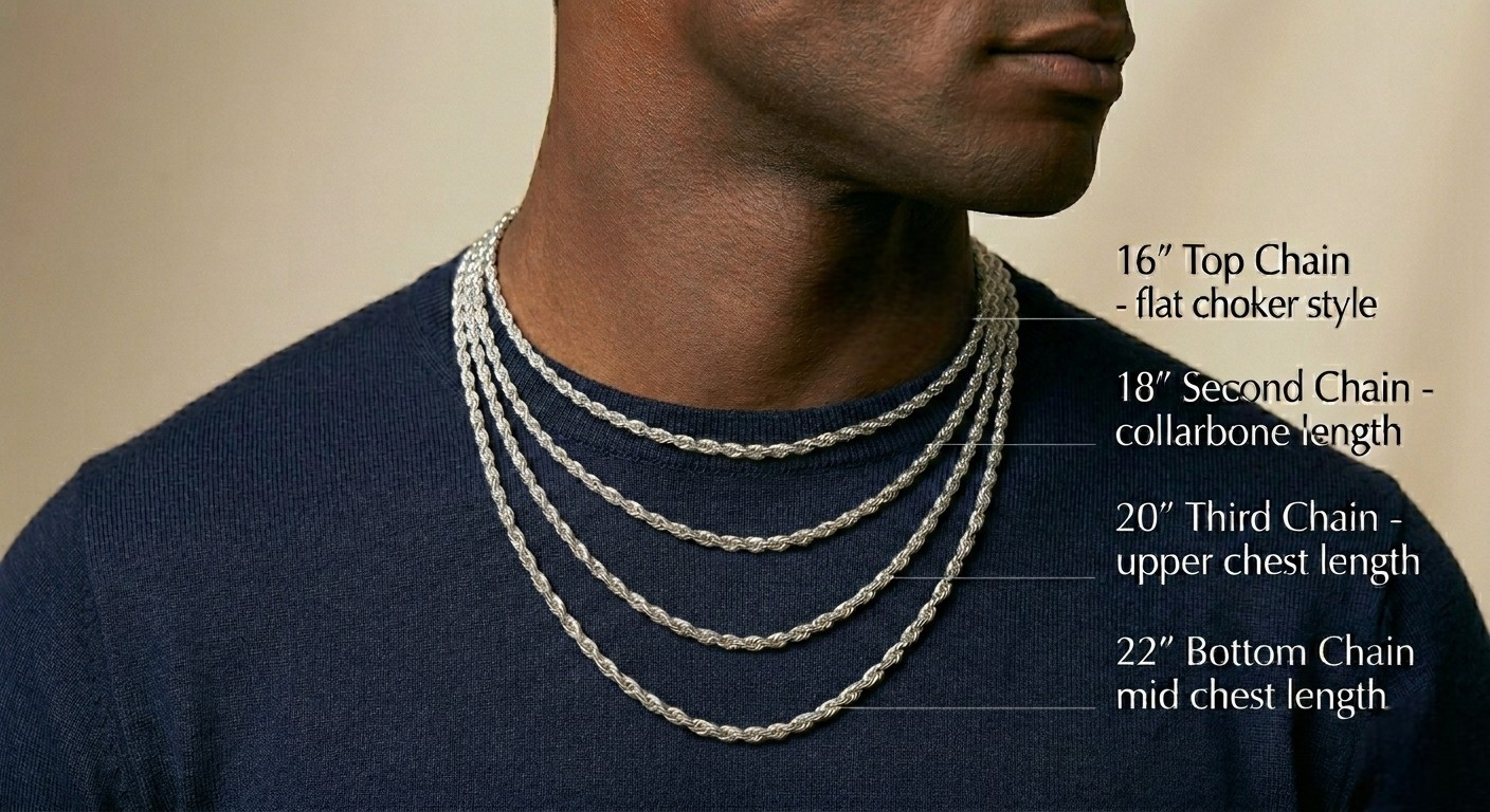 Man wearing a set of silver chain necklaces with measurements on a beige background