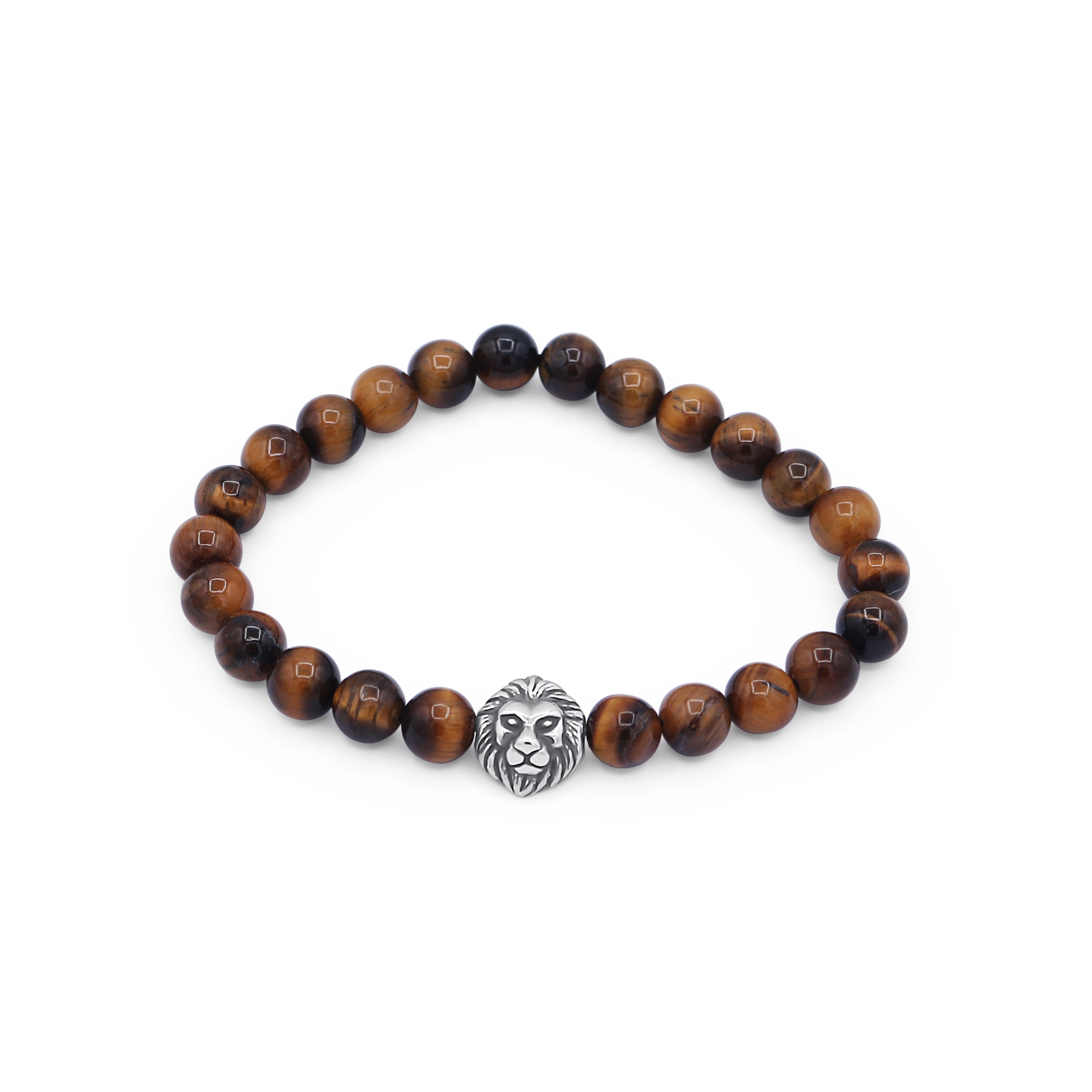 Brown beaded bracelet with a silver lion head charm on a white background-J.Collins Jewelry