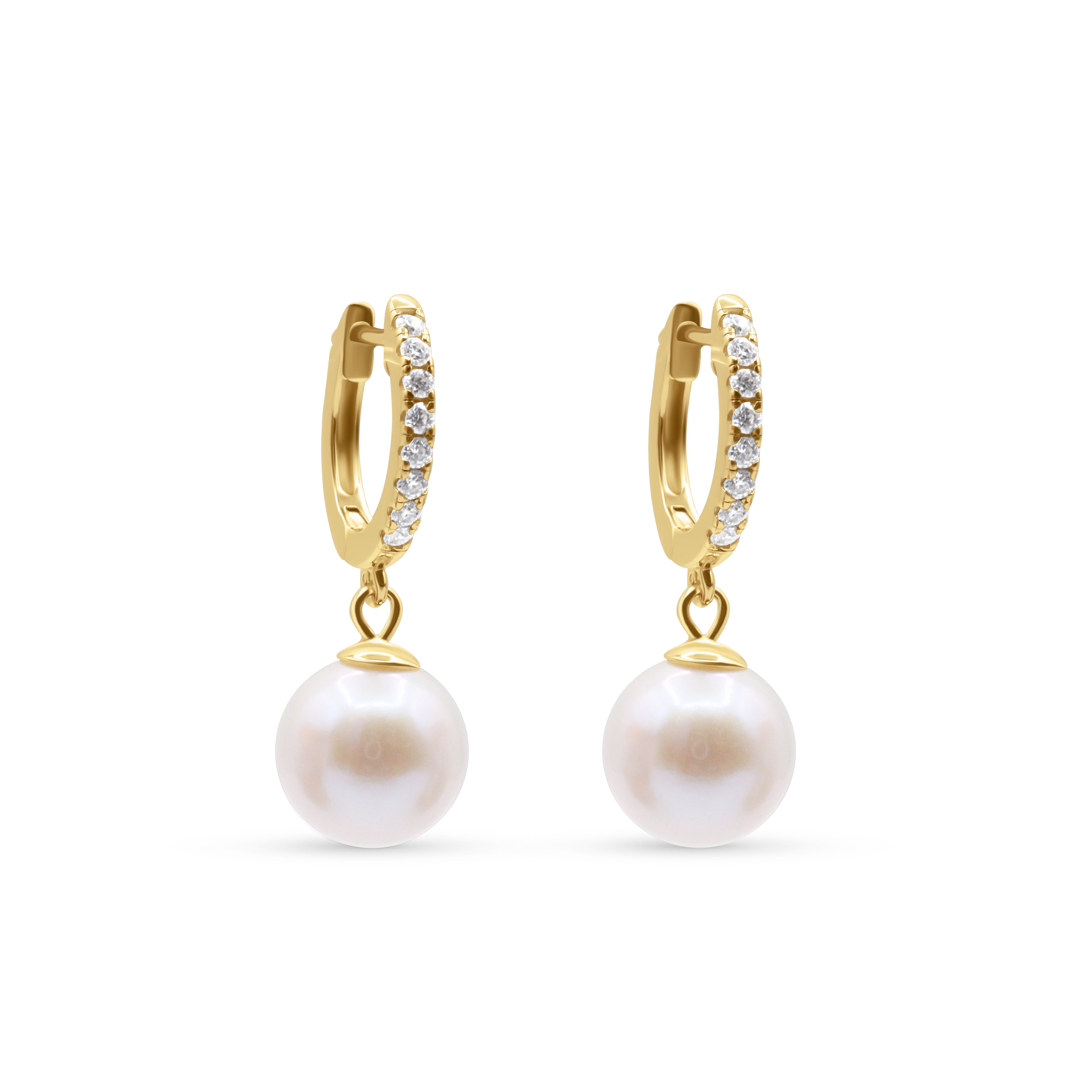 Gold hoop earrings with pearl drops on a white background-Lumiere-Pearl-Hoops-JCollins Jewelry
