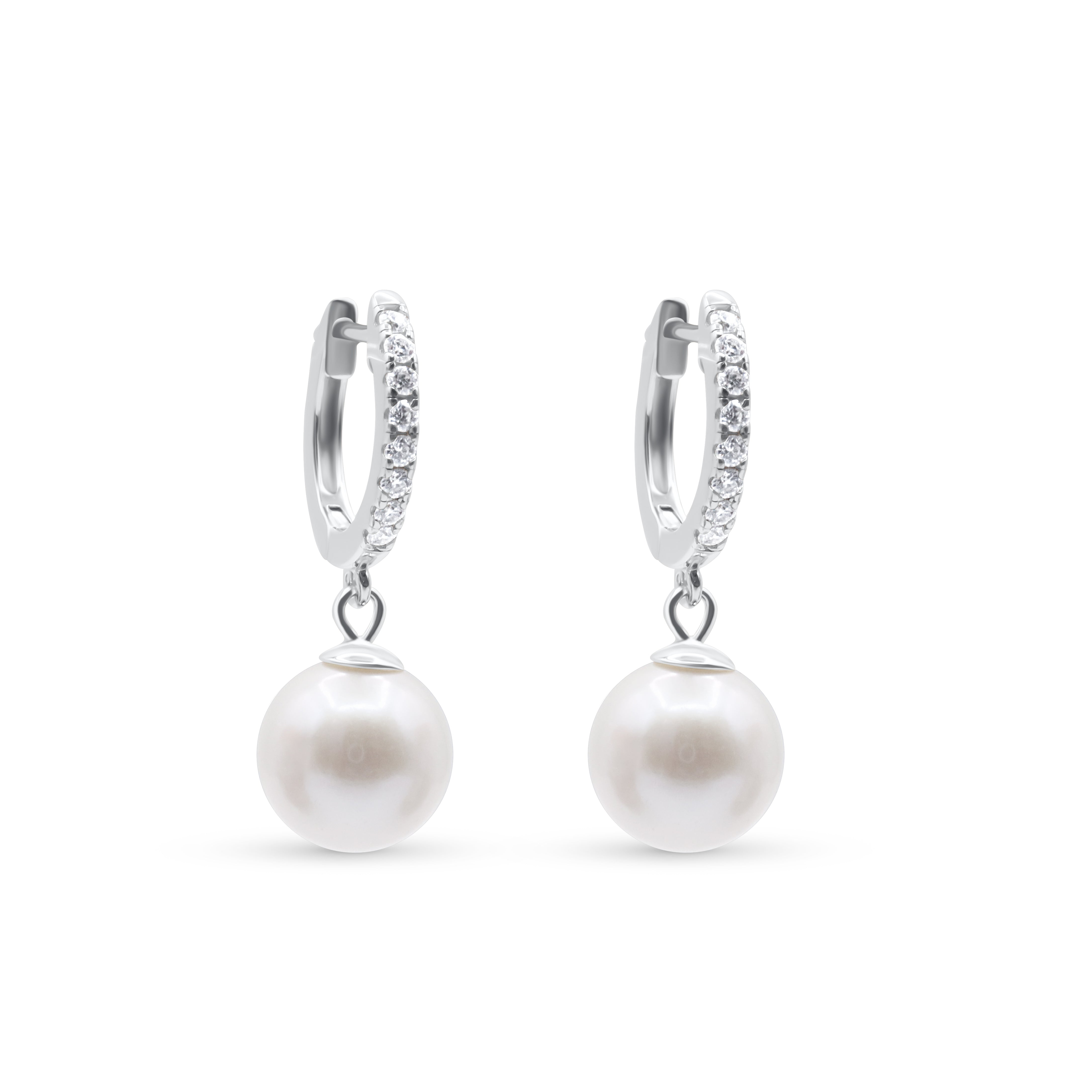 Pair of pearl earrings with diamond accents on a white background-Lumiere-Pearl-Hoops-JCollins Jewelry