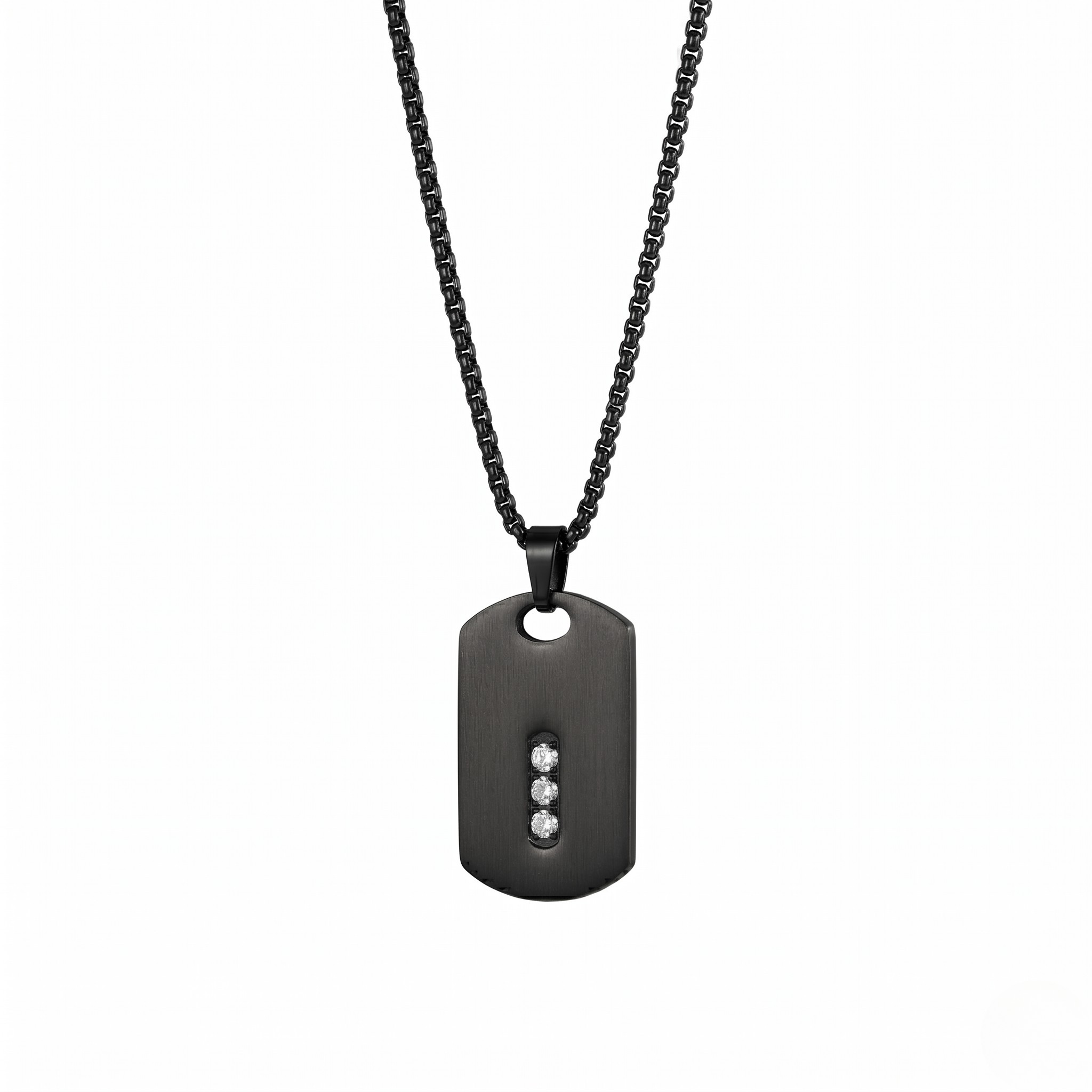 Black dog tag necklace with embedded stones on a white background-J.Collins Jewelry