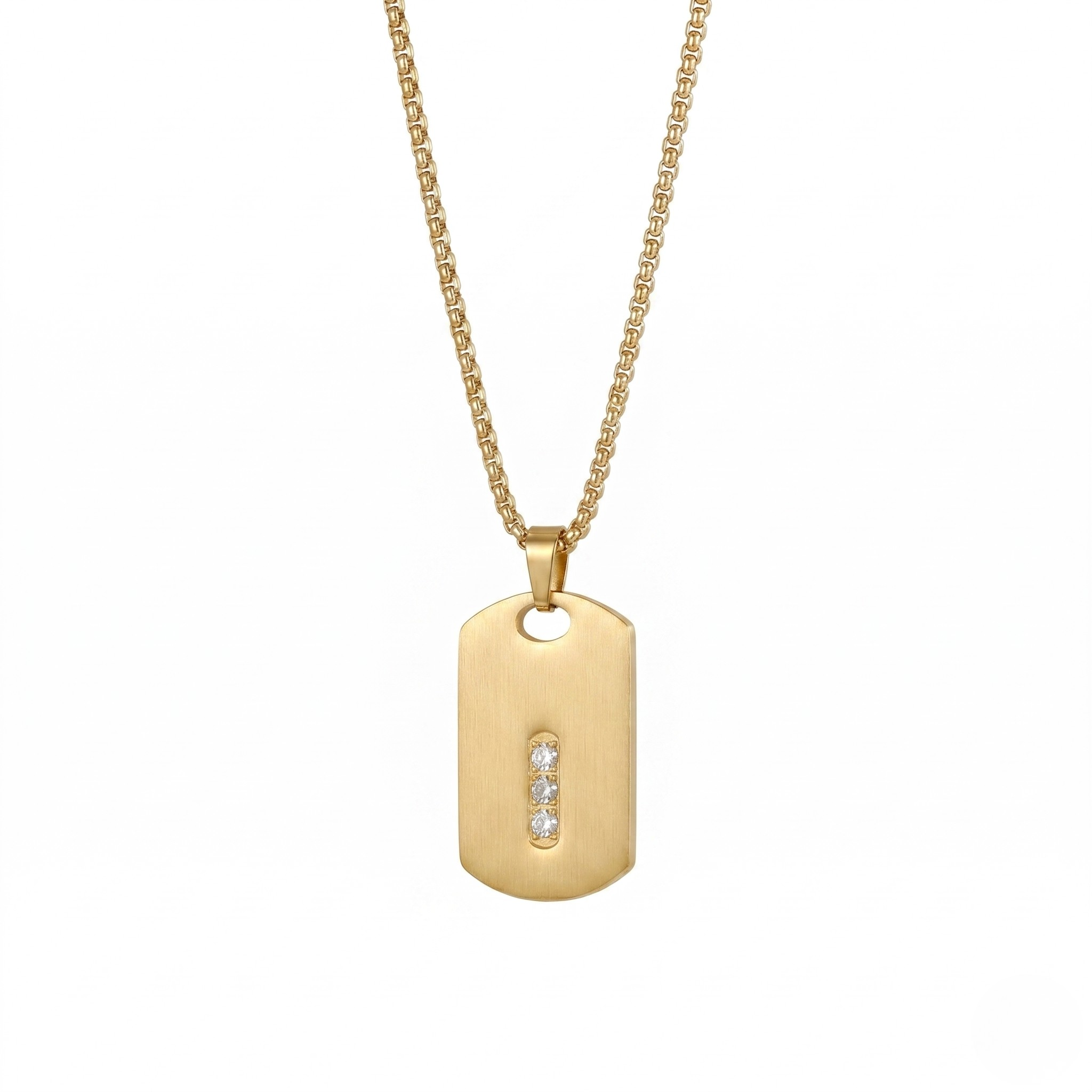 Gold necklace with a dog tag pendant on a white background-J.Collins Jewelry