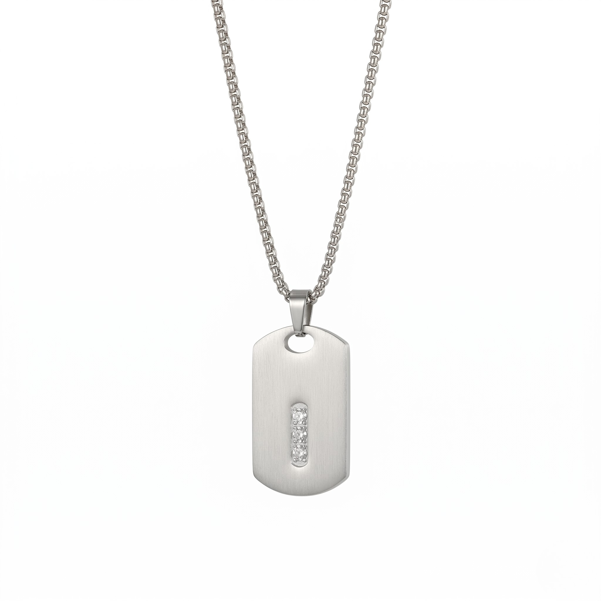 Silver dog tag necklace with a small diamond on a white background-J.Collins Jewelry