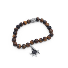 Wooden beaded bracelet with a silver Masonic symbol charm on a white background-J.Collins Jewelry