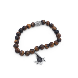 Wooden beaded bracelet with a silver Masonic symbol charm on a white background-J.Collins Jewelry
