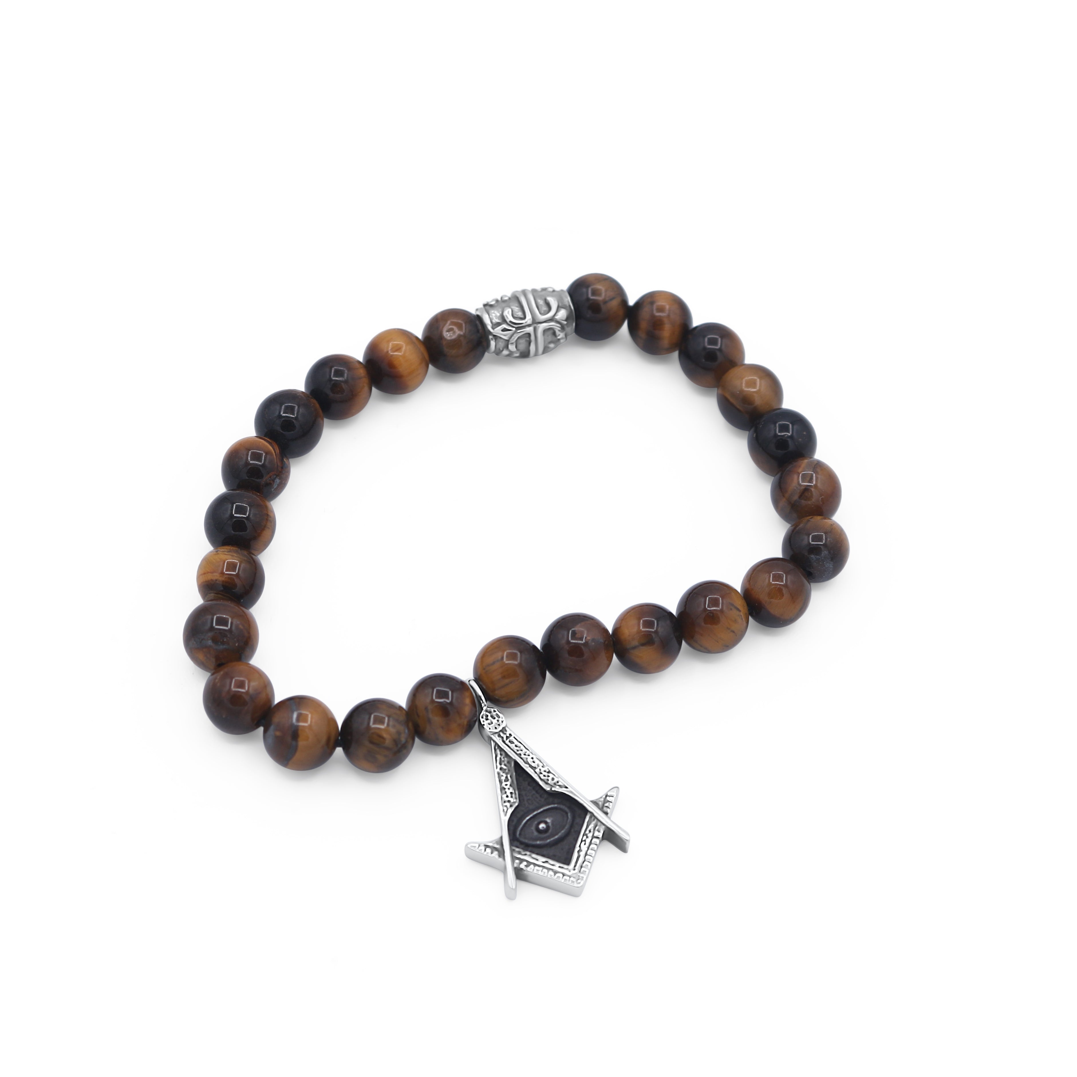 Wooden beaded bracelet with a silver Masonic symbol charm on a white background-J.Collins Jewelry