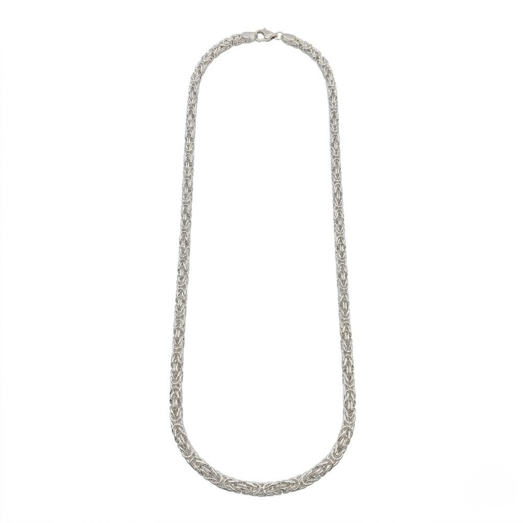 Mesh rope necklace in silver-toned metal with intricate braided design shown on a plain white background