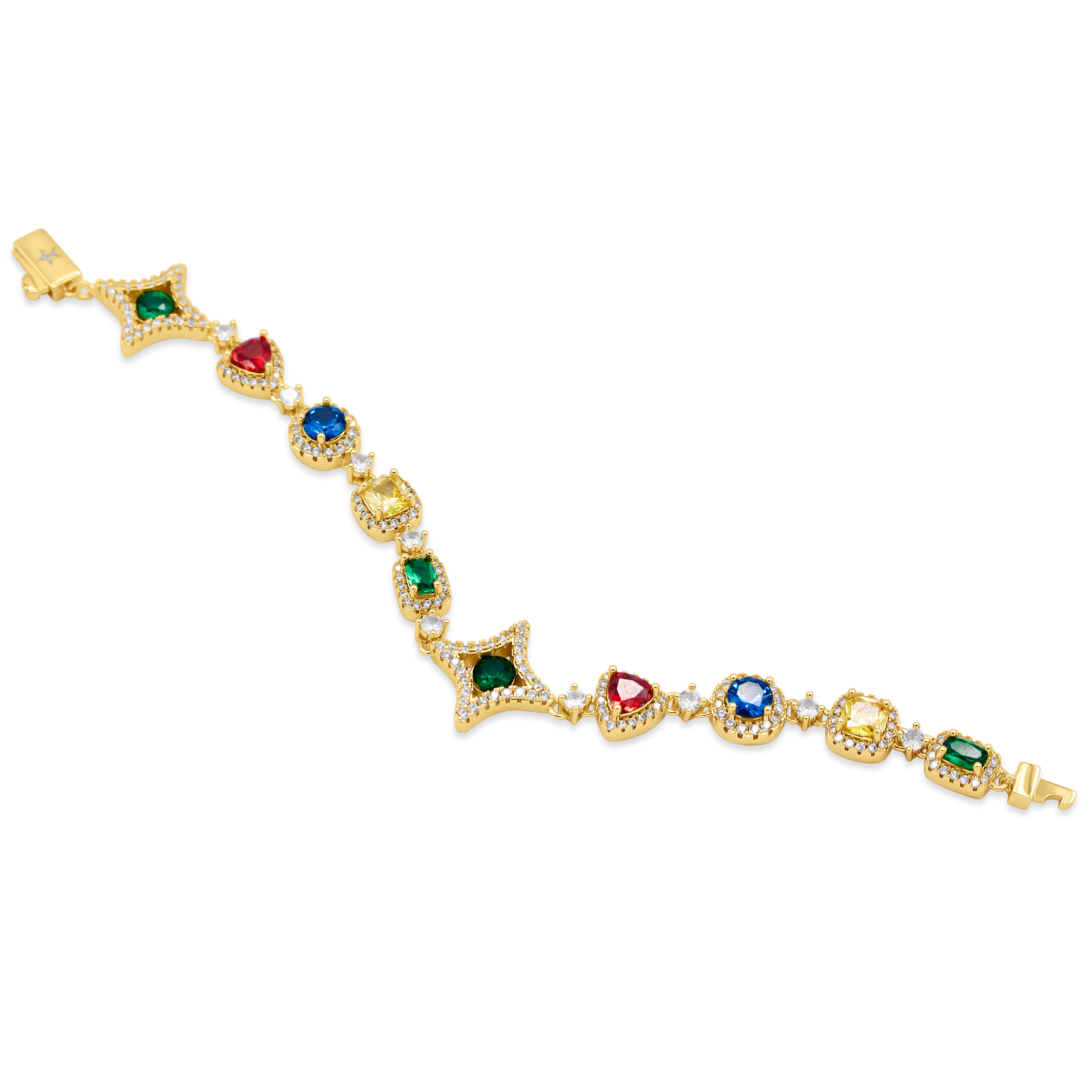 Gold bracelet with colorful gemstones on a white background- Multicolor-Gemstone-Bracelet JCollins-Jewelry