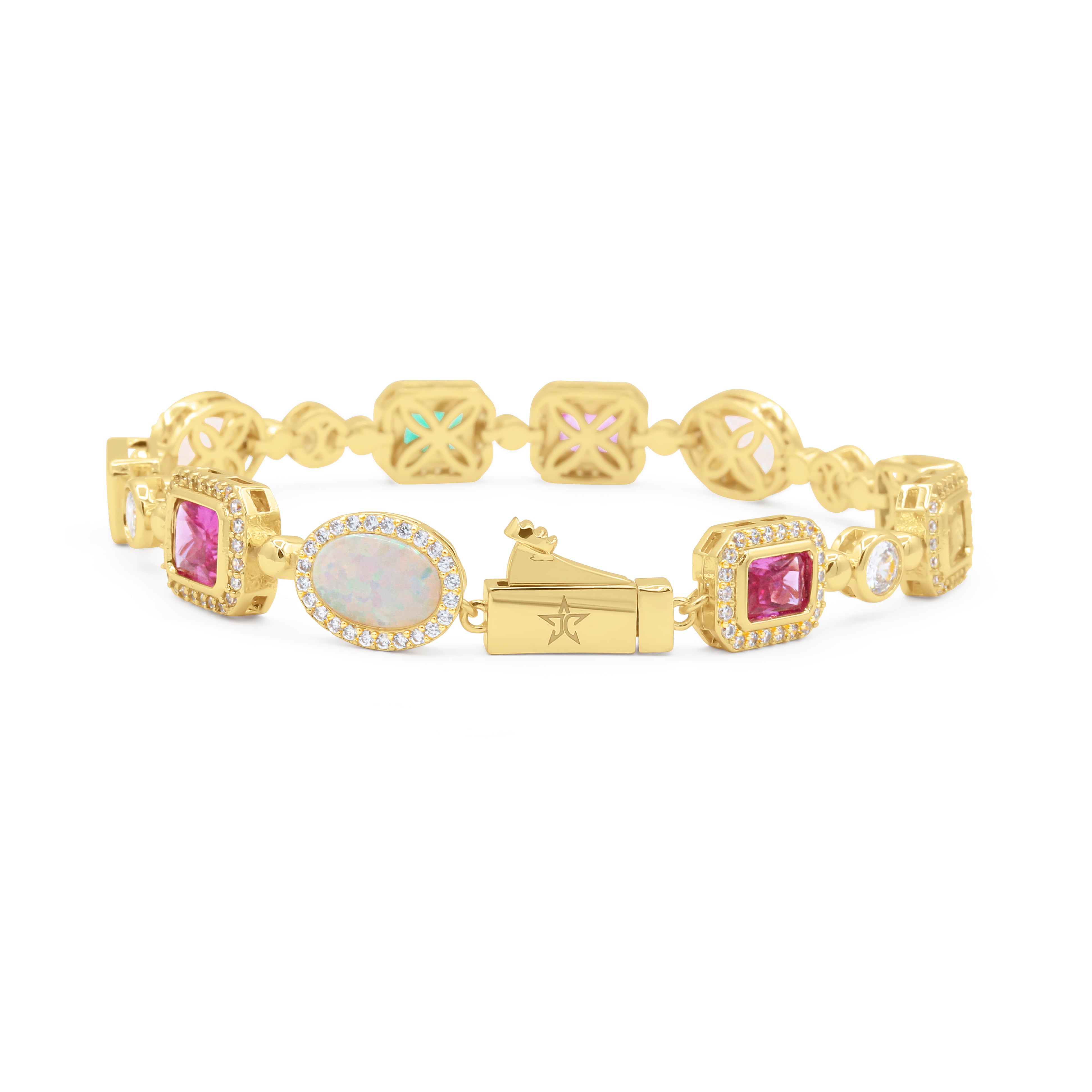 Regal Gold bracelet with gemstones on a white background-