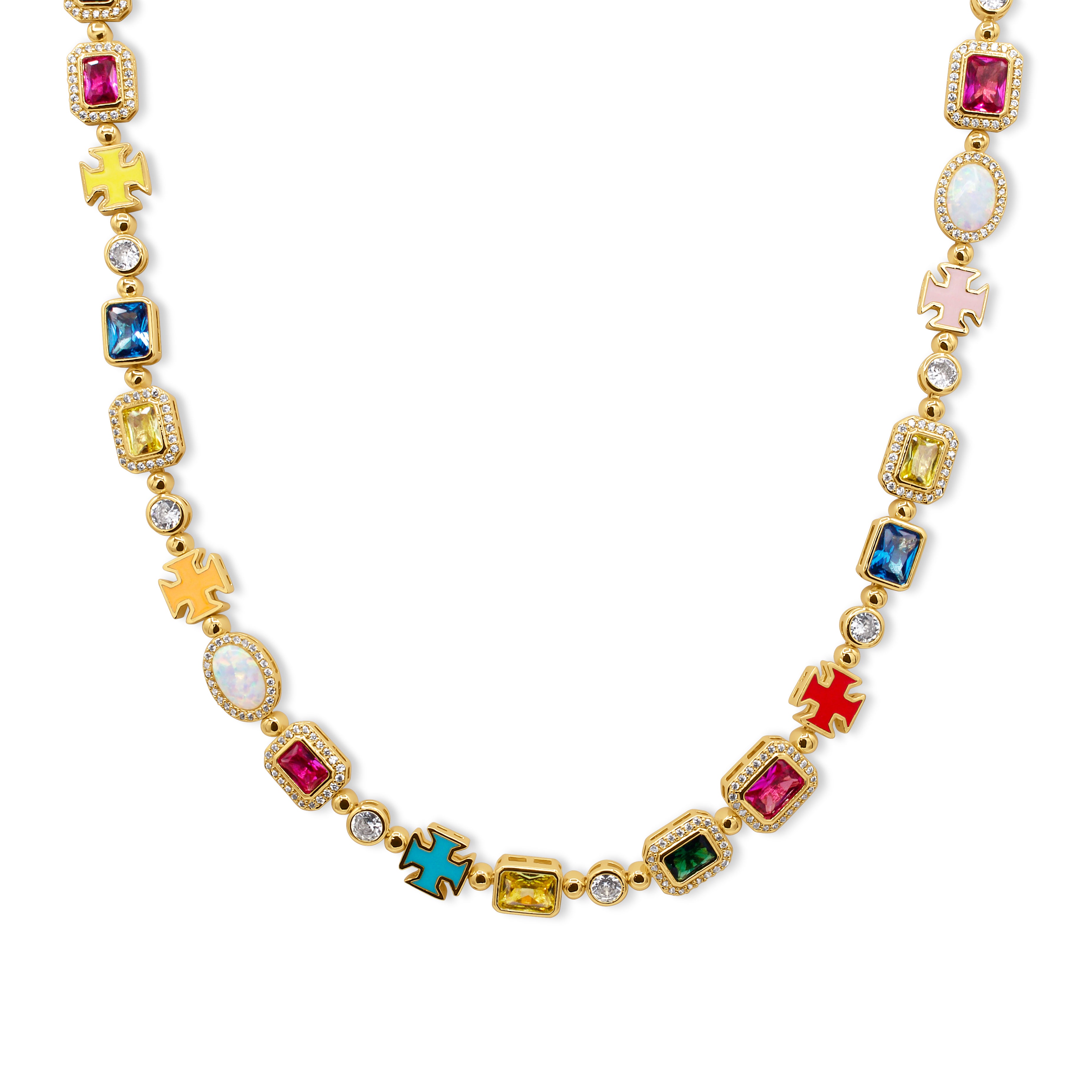 Necklace with multicolored gemstones on a white background- MultiColored-Regal-Gem-Chain-JCollins-Jewelry