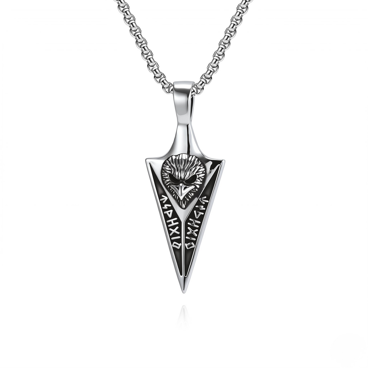Nordic Totem Pendant in silver with runic engravings and lion design, on a textured chain necklace.