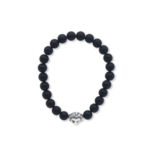 Black beaded bracelet with a silver charm on a white background-J.Collins Jewelry