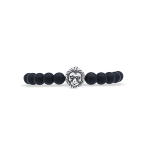 Black beaded bracelet with a lion head charm on a white background-J.Collins Jewelry