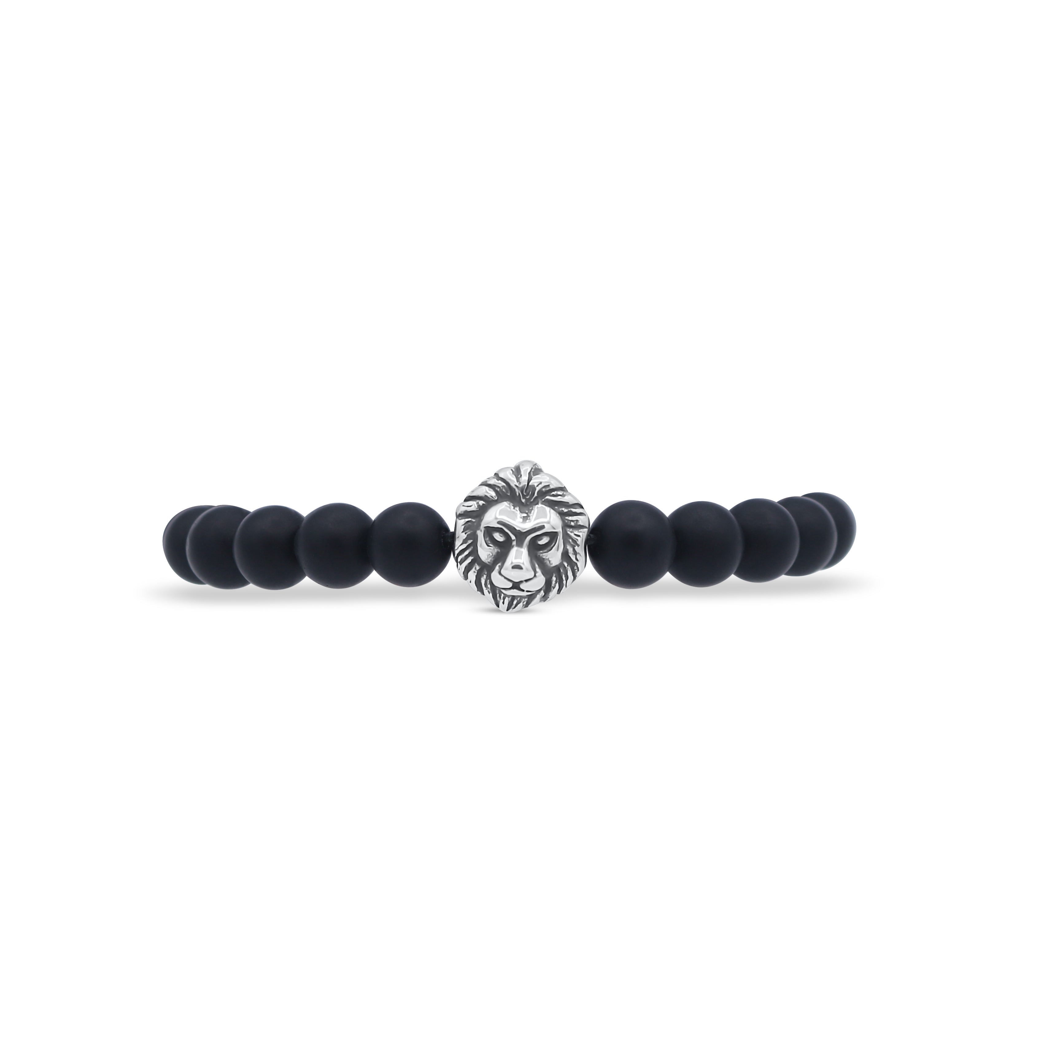 Black beaded bracelet with a lion head charm on a white background-J.Collins Jewelry