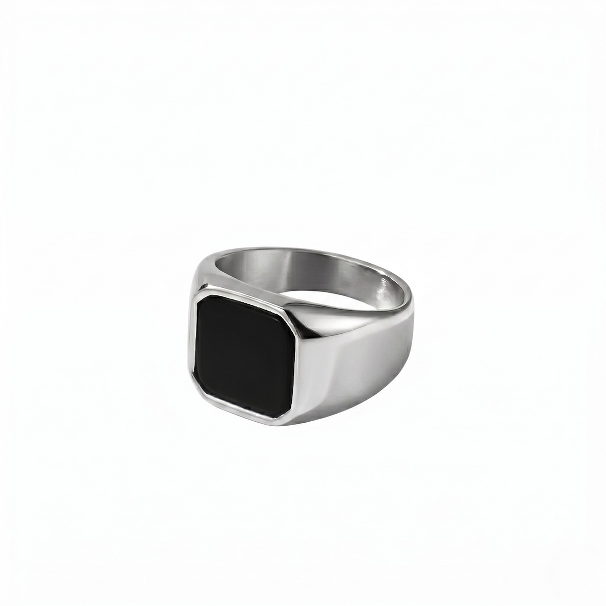 Silver onyx signet ring with black square face, simple design on white background - J.Collins Jewelry