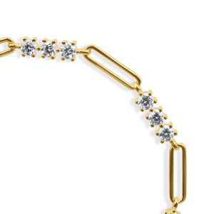 Gold Paperclip Chain Bracelet with Round Diamond Cluster Stations Close-Up Detail on White Background - Paperclip Chain Bracelet with Diamond Cluster Links - J. Collins Jewelry 