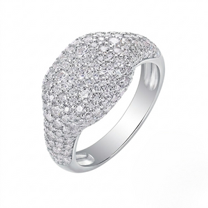 Sterling silver pavé dome signet ring fully encrusted with micro-paved cubic Moissanite crystals shown on a plain white background by J.Collins
