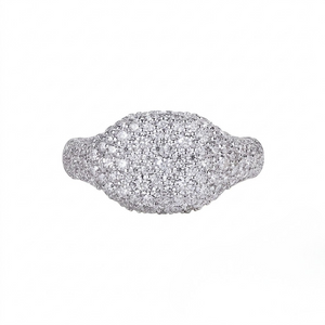 Top-down view of sterling silver pavé dome signet ring fully encrusted with micro-paved cubic Moissanite crystals shown on a plain white background by J.Collins
