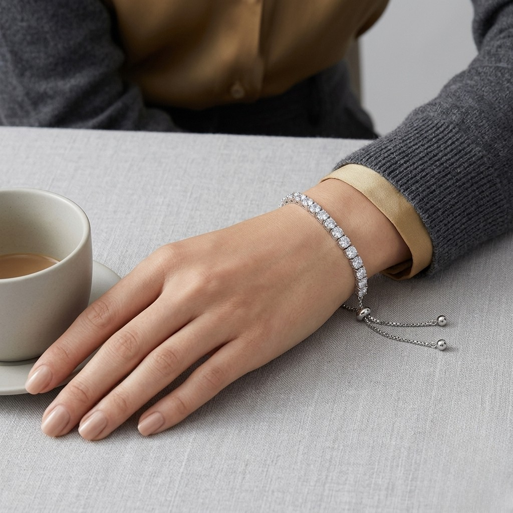 A silver-toned diamond bracelet with dangling chain ends worn on a woman's wrist, shown in a lifestyle setting with a cup of coffee on a table- J.Collins Jewelry