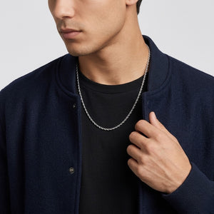 Minimalist Silver Rope chain for Men, worn over black T-shirt & Navy Cardigan, Tarnish Free Premium Product Shot - J.Collins Jewelry