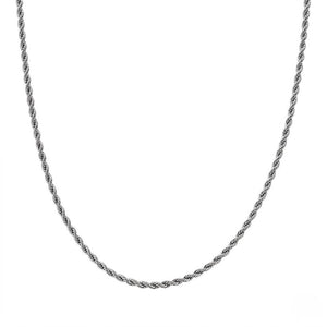 Close photo shot of a silver Rope chain on white background - J.Collins Jewelry