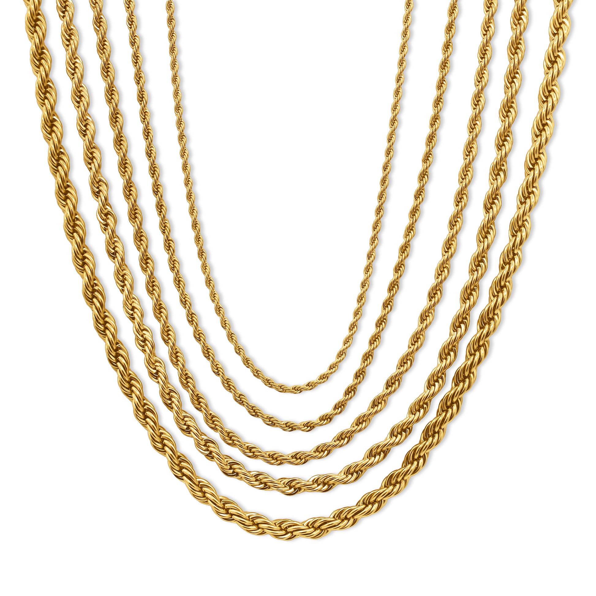 Gold rope chains of different thicknesses on a white background-Essential-Rope-Chain-JCollins-Jewelry