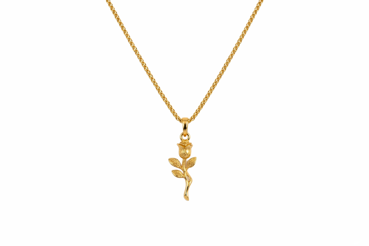 Gold necklace with a leaf-shaped pendant on a white background-J.Collins Jewelry