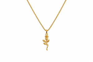 Gold necklace with a leaf-shaped pendant on a white background-J.Collins Jewelry