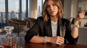 Model wearing 2mm round moissanite tennis gold bracelet, black blazer, holding a glass in a high-rise apartment setting. J.Collins jewelry 